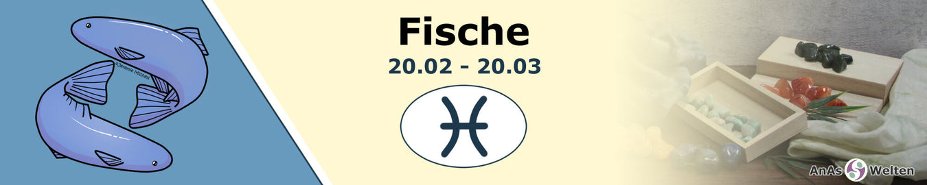 Das Bild zeigt das Sternzeichen Fische vor einem blau-gelben Hintergrund. Auf der linken Seite ist eine Zeichnung von zwei Fischen, in der Mitte steht Fische 20.02 - 20.03 über dem Symbol des Sternzeichens und auf der rechten Seite sind Edelsteine.