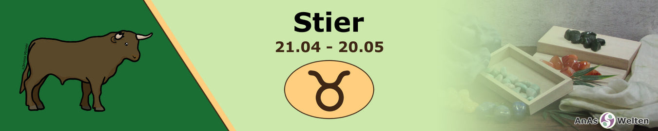 Das Bild zeigt das Sternzeichen Stier vor einem grünen Hintergrund. Auf der linken Seite ist eine Zeichnung von einem Stier, in der Mitte steht Stier 21.04 - 20.05 über dem Symbol des Sternzeichens und auf der rechten Seite sind Edelsteine.