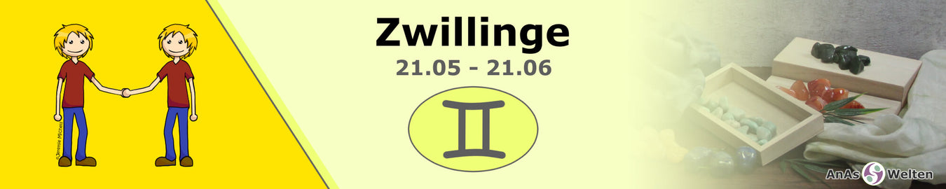 Das Bild zeigt das Sternzeichen Zwillinge vor einem gelben Hintergrund. Auf der linken Seite ist eine Zeichnung von zwei Zwillingen, in der Mitte steht Zwillinge 21.05 - 21.06 über dem Symbol des Sternzeichens und auf der rechten Seite sind Edelsteine.