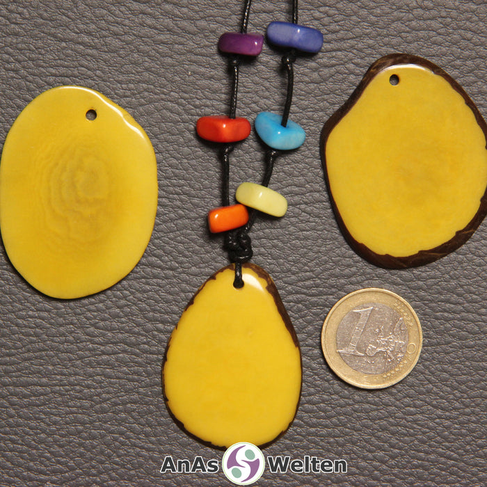 Drei gelbe Tagua-Nuss-Scheiben. Eine davon ist mit 6 Tagua-Nuss-Splittern in den Chakra-Farben als Kette gebunden.