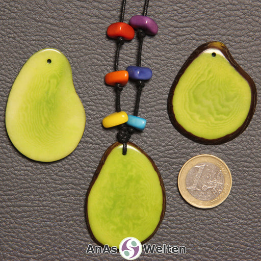 Drei grüne Tagua-Nuss-Scheiben. Eine davon ist mit 6 Tagua-Nuss-Splittern in den Chakra-Farben als Kette gebunden.