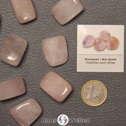Mehrere Beispiele für den Rosenquarz Trommelstein. Daneben liegt der Sticker.