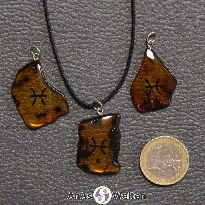 Drei Bernstein Anhänger Fische in verschiedenen Formen. Das Sternzeichensymbol ist in die Bernsteine eingebrannt.
