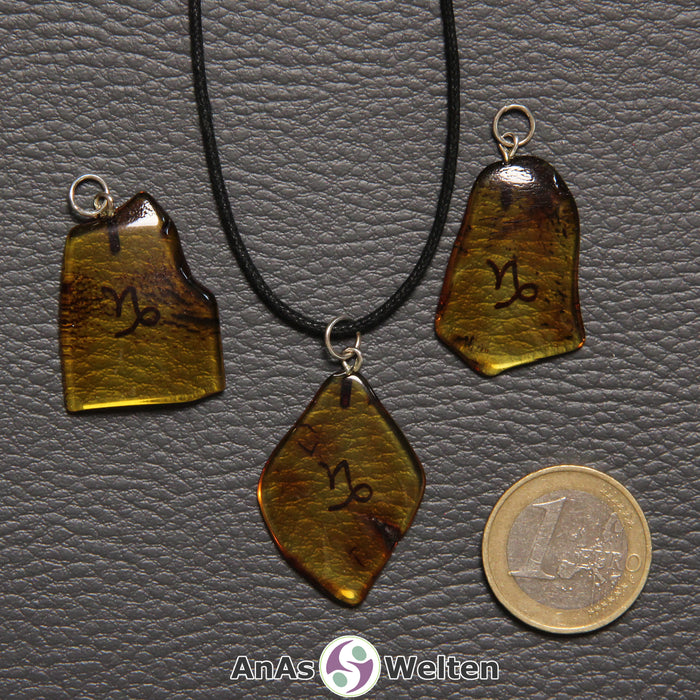 Drei Bernstein Anhänger Steinbock in verschiedenen Formen. Das Sternzeichensymbol ist in die Bernsteine eingebrannt.