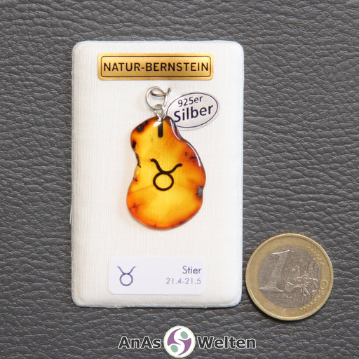 Ein Bernstein Anhänger Stier mit Silberöse an einem Display. Das Sternzeichen ist in den Bernstein eingebrannt.