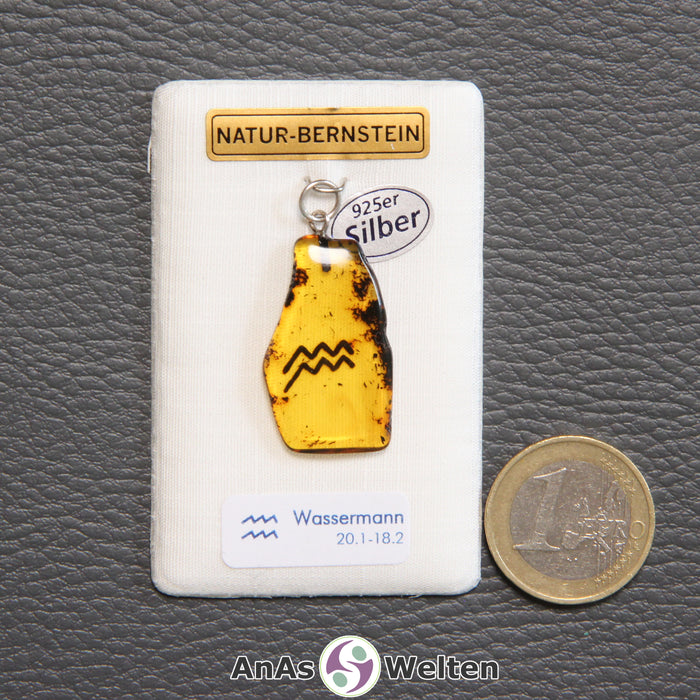 Ein Bernstein Anhänger Wassermann mit Silberöse an einem Display. Das Sternzeichen ist in den Bernstein eingebrannt.