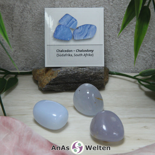 Ein blauer Chalcedon Trommelstein mit Sticker. Das Bild zeigt drei Beispiele für den Edelstein. Zwei davon sind in einem mittleren Blauton, einer in einem Hellblau. Sie haben einige Einschlüsse. Im Hintergrund ist der Sticker zu sehen.