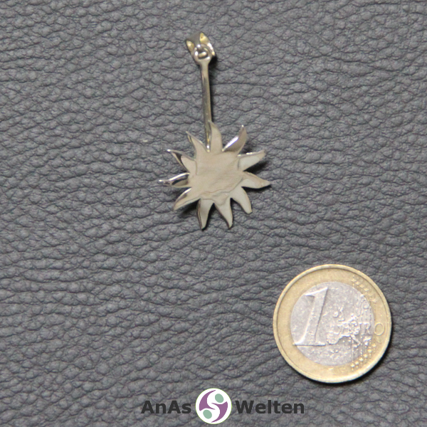 Der Donut-Halter Sonne aus Silber hat einen gebogenen Stab, in den der Edelsteindonut eingehängt werden kann. Am oberen Ende befindet sich eine Öse für eine Kette oder ein Band, während am unteren Ende eine flache Sonne zu sehen ist.