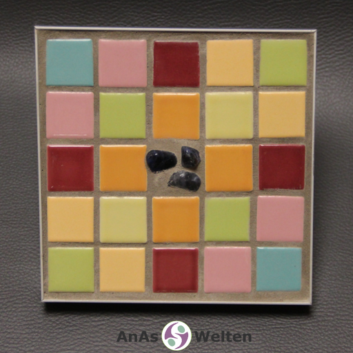 Frontale Ansicht des Sator Quadrat Mosaiks aus pastellfarbenen Fliesen mit Sodalithen in der Mitte.