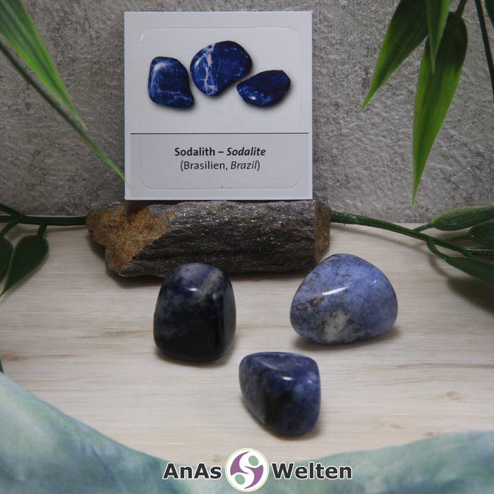 Das Bild zeigt einen Sodalith Trommelstein mit Sticker anhand von drei Beispielsteinen. Die Edelsteine eine hell- bis dunkelblaue Farbe mit gelegentlichen weißen Einschlüssen. Im Hintergrund ist der Sticker zu sehen.