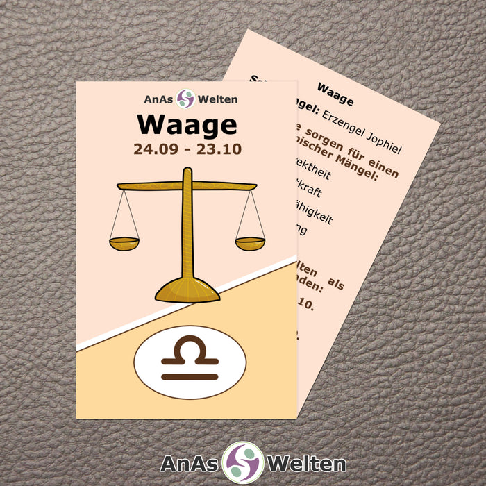 Das Bild zeigt die Sternzeichen Karte Waage von AnAs Welten. Die Vorderseite ist mit einer Zeichnung einer Waage, dem Sternzeichensymbol und dem Text „Waage 24.09 - 23.10“ versehen. Auf der Rückseite steht ein Infotext zu dem Sternzeichen.