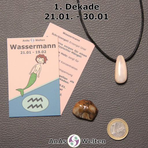 Die Sternzeichenkarte und je ein beispielhafter gebohrter Andenopal Trommelstein am Band und ein Versteinertes Holz Trommelstein der 1. Dekade liegen nebeneinander.