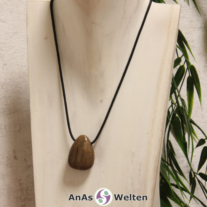 Ein brauner Versteinertes Holz gebohrter Trommelstein an einem schwarzen Baumwollband, der um eine helle Büste gehängt wurde.