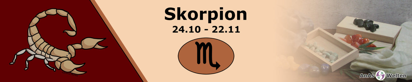 Das Bild zeigt das Sternzeichen Skorpion vor einem rot-braunen Hintergrund. Auf der linken Seite ist eine Zeichnung von eines Skorpions, in der Mitte steht Skorpion 24.10 - 22.11 über dem Symbol des Sternzeichens und auf der rechten Seite sind Edelsteine.