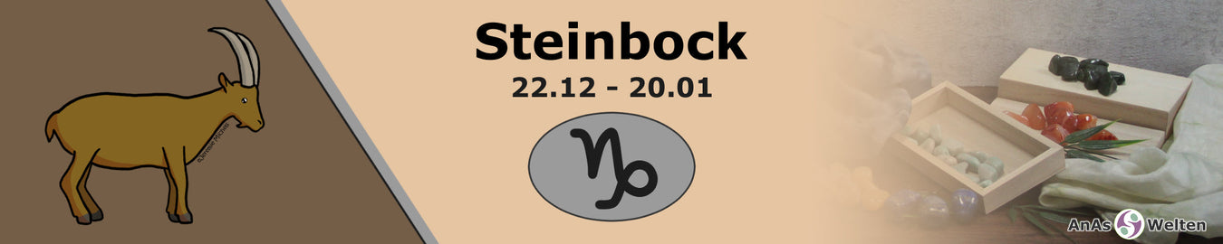 Das Bild zeigt das Sternzeichen Steinbock vor einem braunen Hintergrund. Auf der linken Seite ist eine Zeichnung eines Steinbocks, in der Mitte steht Steinbock 22.12 - 20.01 über dem Symbol des Sternzeichens und auf der rechten Seite sind Edelsteine.