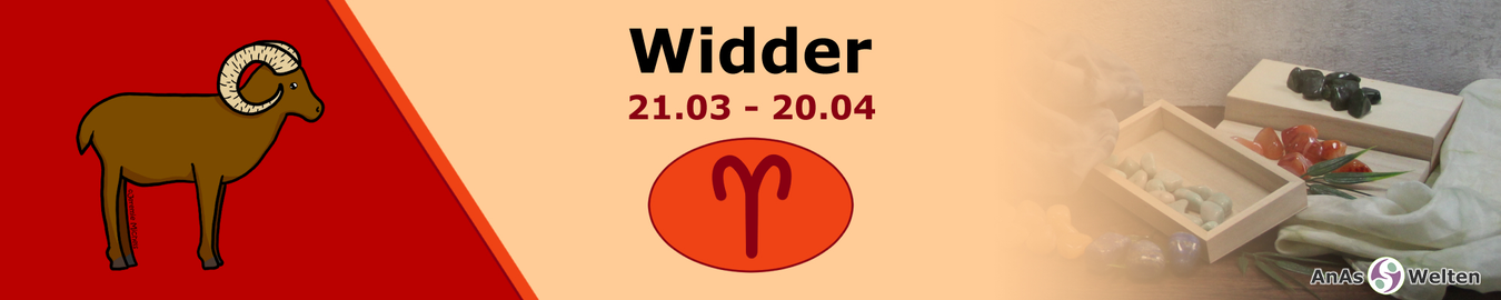 Das Bild zeigt das Sternzeichen Widder vor einem rot-orangenen Hintergrund. Auf der linken Seite ist eine Zeichnung eines Widders, in der Mitte steht Widder 21.03 - 20.04 über dem Symbol des Sternzeichens und auf der rechten Seite sind Edelsteine.