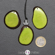 Drei Tagua-Nuss-Scheiben in Grün. Die mittlere ist mit einer Bergkristallkugel an ein schwarzes Baumwollband gebunden.