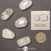 Mehrere Beispiele für den Magnesit Trommelstein. Daneben liegt der Sticker.
