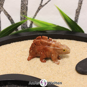 Das Bild zeigt einen Speckstein Stegosaurus klein. Die Specksteinfigur steht auf allen vier Beinen und hat den Kopf nach vorne gerichtet. Der Schwanz ist zur Seite gewinkelt. Die Augen bestehen aus einem anderen Material, damit sie besser zur Geltung kommen, die Rückenplatten sind einzeln herausgearbeitet und die Schuppen und krallen sind durch Einkerbungen im Stein angedeutet.