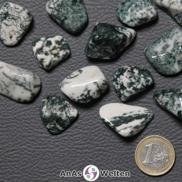 Das Bild zeigt mehrere Beispiele für einen Baumachat Trommelstein. Die Steine sind alle dunkelgrün und weiß, während bei einigen der weiße und bei anderen der dunkelgrüne Anteil überwiegt.