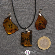 Drei Bernstein Anhänger Fische in verschiedenen Formen. Das Sternzeichensymbol ist in die Bernsteine eingebrannt.