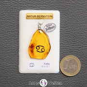 Ein Bernstein Anhänger Krebs mit Silberöse an einem Display. Das Sternzeichen ist in den Bernstein eingebrannt.