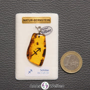Ein Bernstein Anhänger Schütze mit Silberöse an einem Display. Das Sternzeichen ist in den Bernstein eingebrannt.