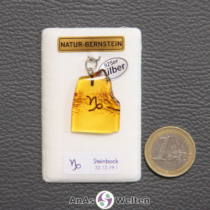 Ein Bernstein Anhänger Steinbock mit Silberöse an einem Display. Das Sternzeichen ist in den Bernstein eingebrannt.