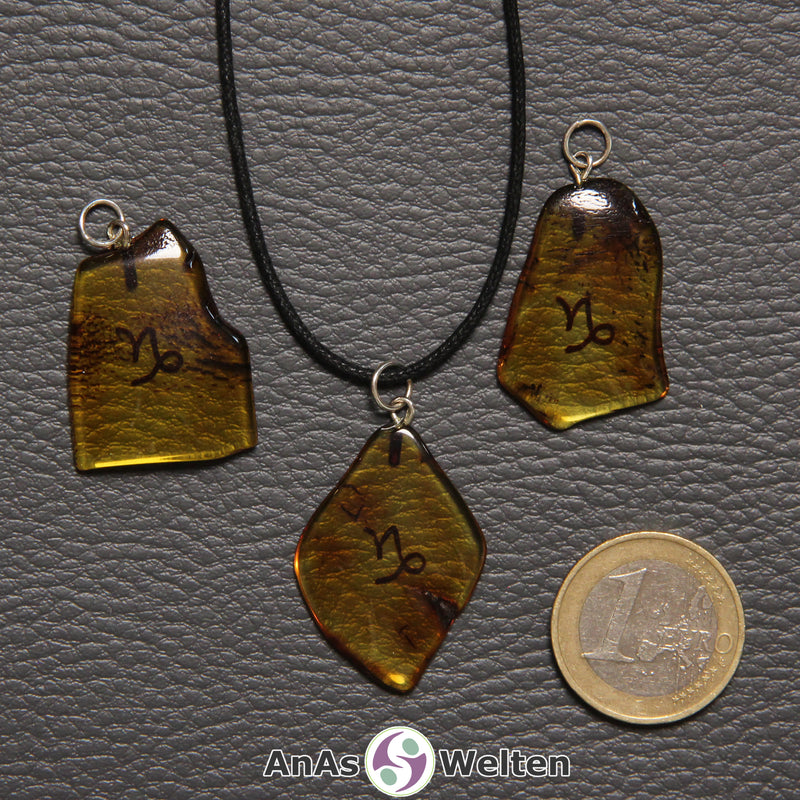 Drei Bernstein Anhänger Steinbock in verschiedenen Formen. Das Sternzeichensymbol ist in die Bernsteine eingebrannt.