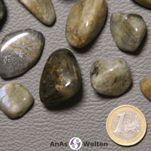 Das Bild zeigt einen Labradorit Trommelstein anhand mehrerer Beispiele. Die Edelsteine haben eine hauptsächlich grün-grau-bräunliche Färbung mit goldenen und braunen Einschlüssen. Ihre Oberfläche glänzt an einigen Stellen perlmuttartig.