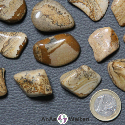 Das Bild zeigt einen Landschaftsjaspis Trommelstein als mehrere Beispielsteine. Sie haben alle je unterschiedliche Brauntöne mit verschiedenen Musterungen. Hauptsächlich sind sie in einem hellen Sandbraun mit gelegentlichen dunklen Musterungen.