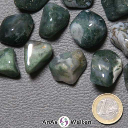Das Bild zeigt einen Moosachat Trommelstein anhand mehrerer Beispielsteine. Die Edelsteine haben fast alle eine Mischung aus Dunkelgrün und Weiß. Ein paar wenige sind ausschließlich dunkelgrün mit grüner Musterung.