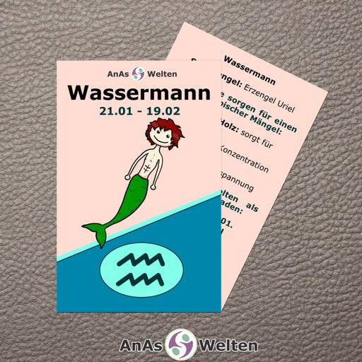 Das Bild zeigt die Sternzeichen Karte Wassermann von AnAs Welten. Die Vorderseite ist mit einer Zeichnung eines Wassermanns, dem Sternzeichensymbol und dem Text „Wassermann 21.01 - 19.02“ versehen. Auf der Rückseite steht ein Infotext zu dem Sternzeichen.