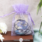 Ein beispielhaftes Sternzeichen Steine Set Fische mit Karte, Trommelstein und Edelsteinkette in einem lila Organzabeutel.